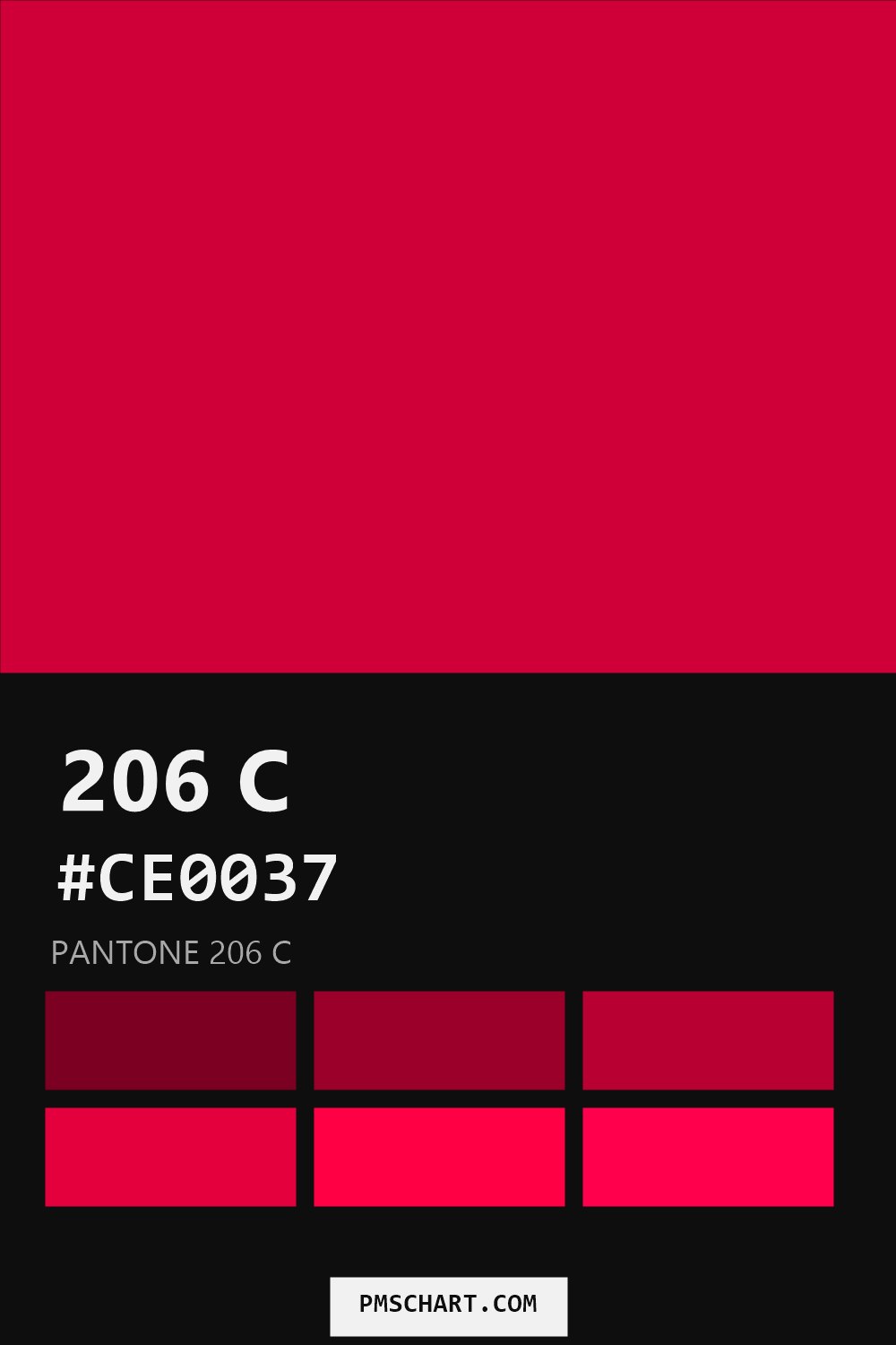 Pantone 206 C color reference card (HEX #CE0037) with six nearest Pantone matches