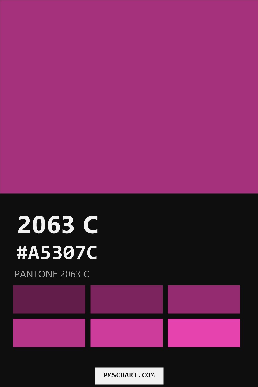 Pantone 2063 C color reference card (HEX #A5307C) with six nearest Pantone matches