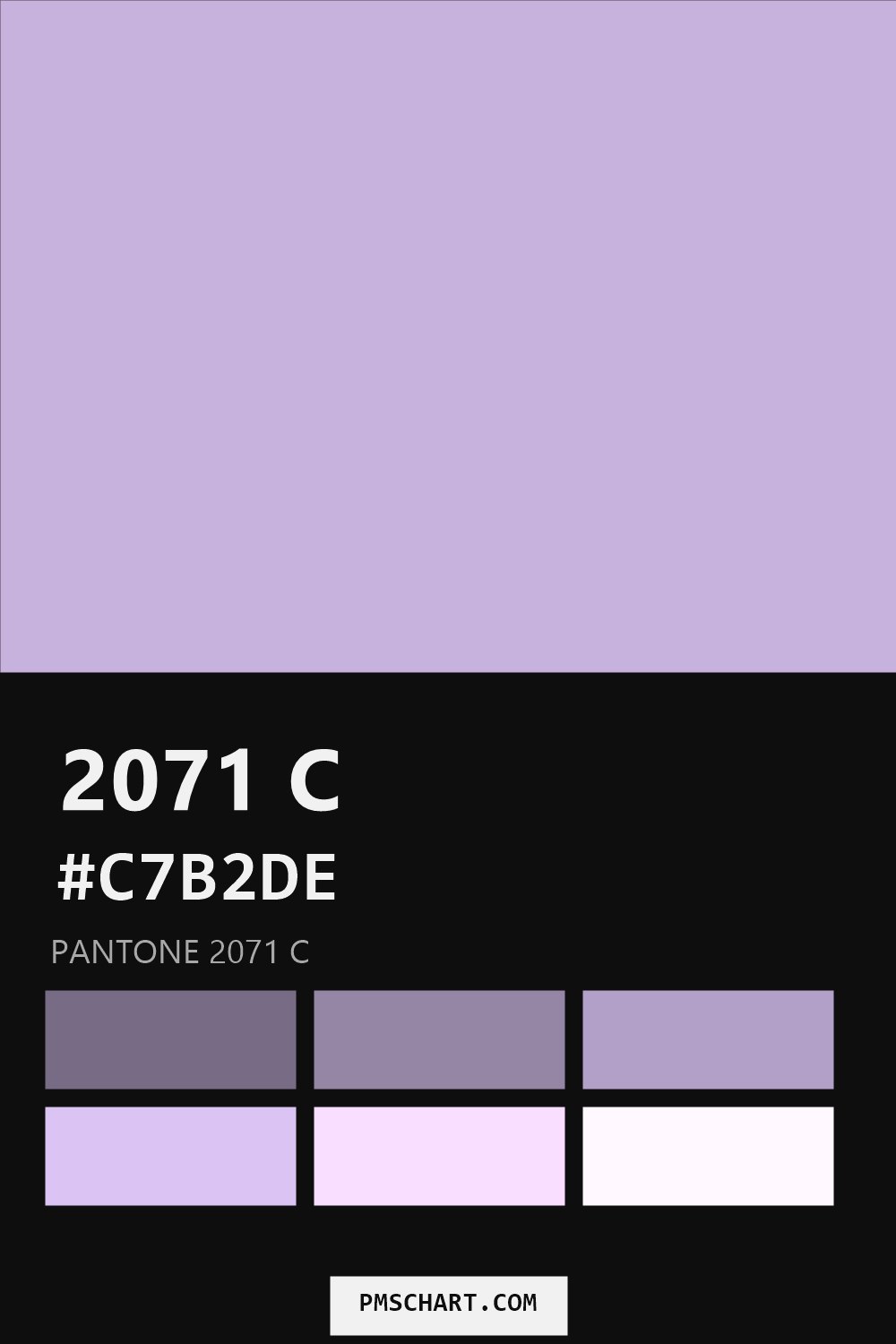 Pantone 2071 C color reference card (HEX #C7B2DE) with six nearest Pantone matches