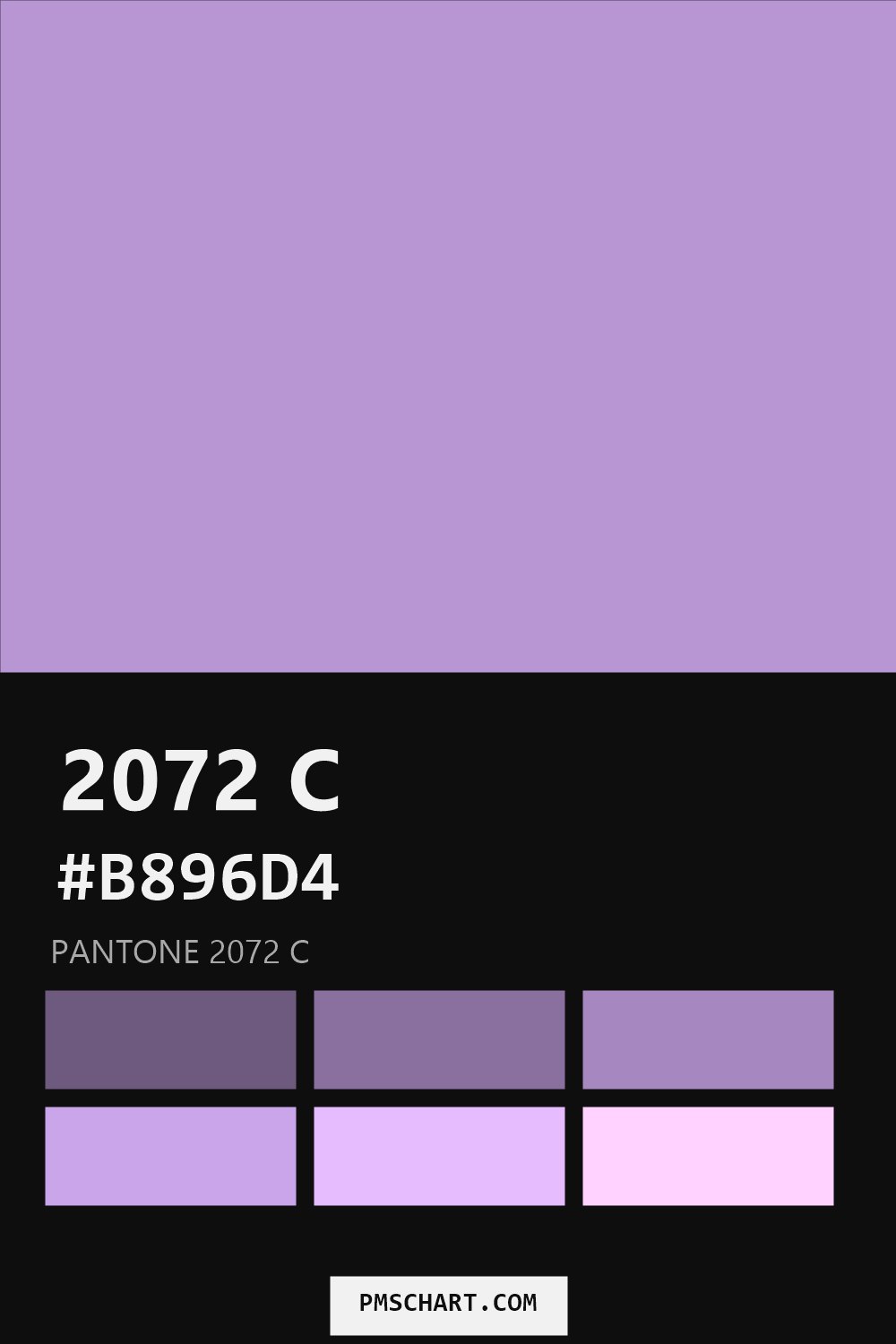 Pantone 2072 C color reference card (HEX #B896D4) with six nearest Pantone matches