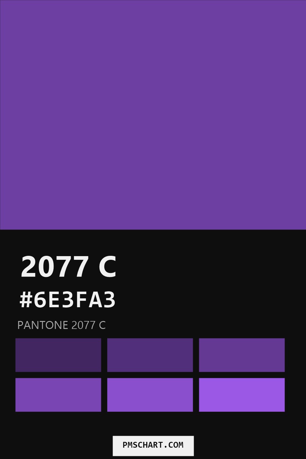 Pantone 2077 C color reference card (HEX #6E3FA3) with six nearest Pantone matches