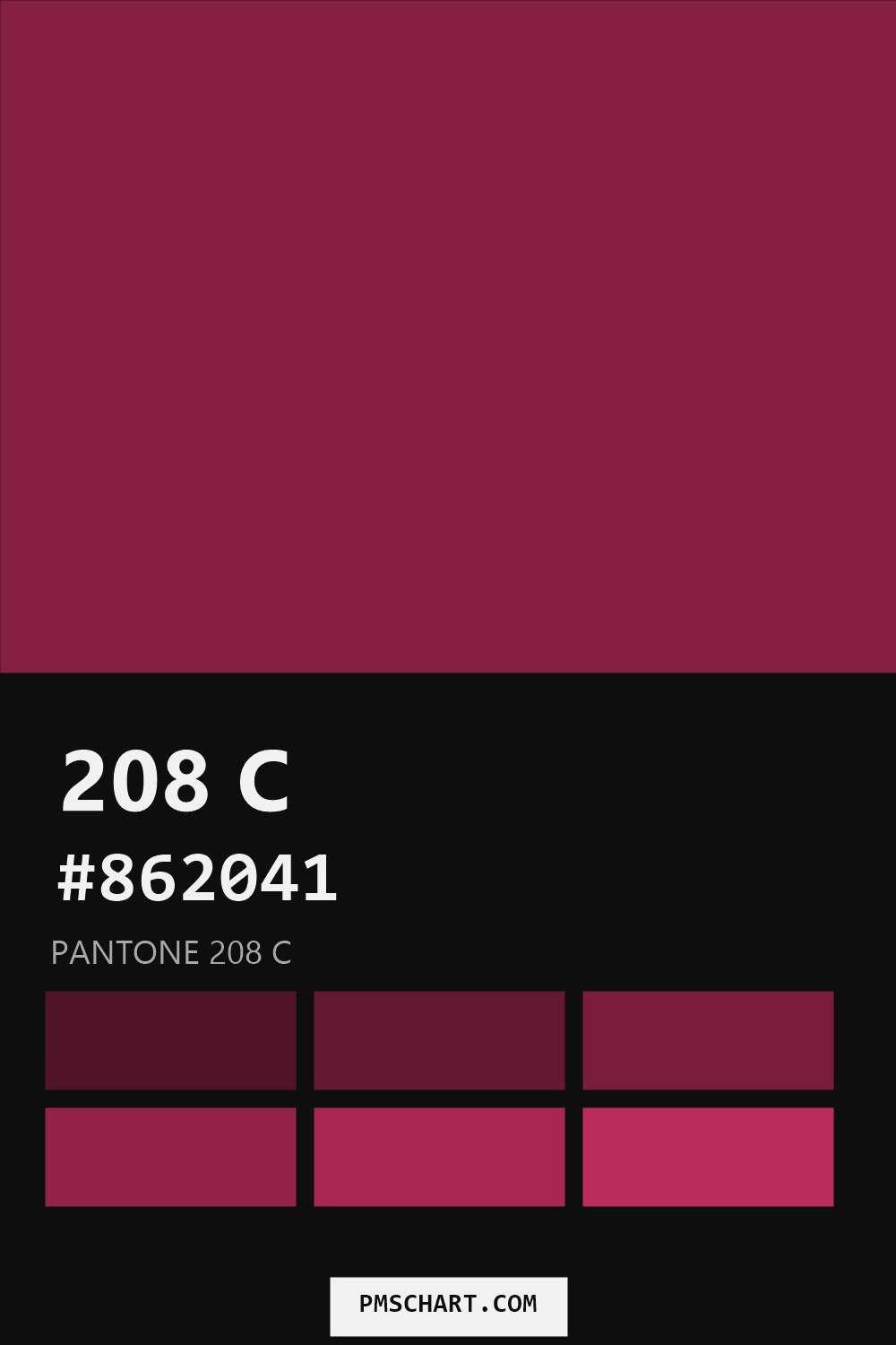 Pantone 208 C color reference card (HEX #862041) with six nearest Pantone matches