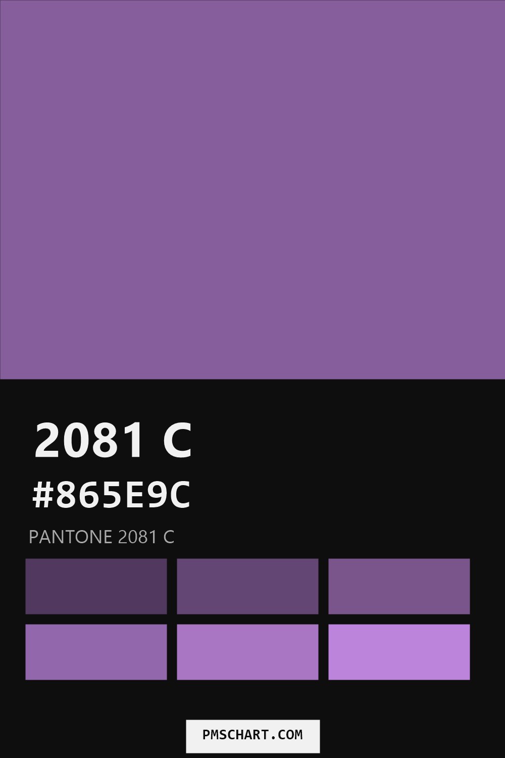Pantone 2081 C color reference card (HEX #865E9C) with six nearest Pantone matches
