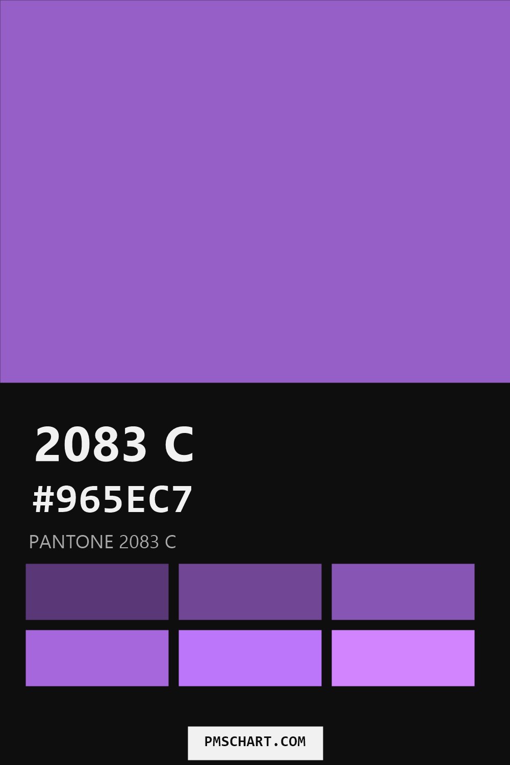 Pantone 2083 C color reference card (HEX #965EC7) with six nearest Pantone matches