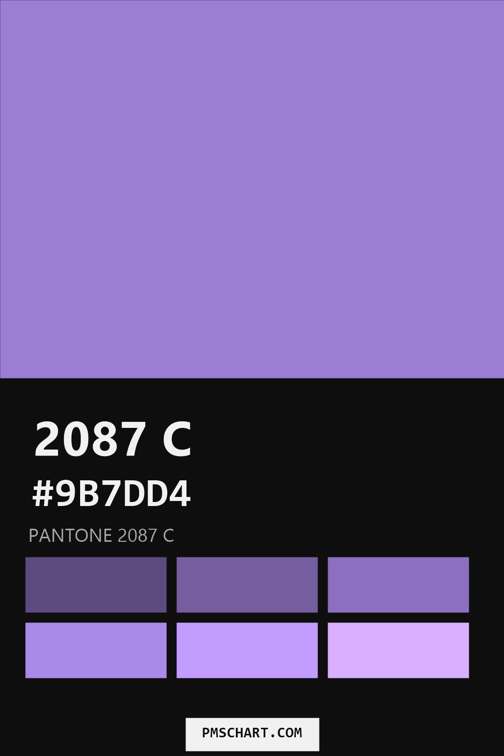 Pantone 2087 C color reference card (HEX #9B7DD4) with six nearest Pantone matches