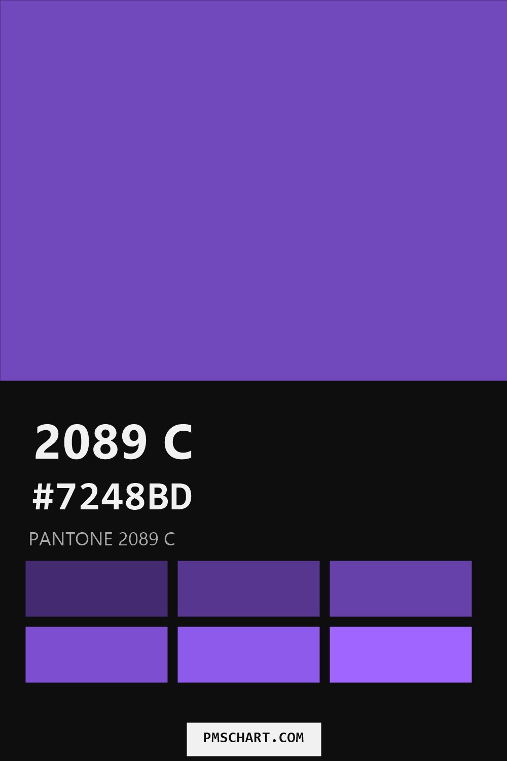Pantone 2089 C color reference card (HEX #7248BD) with six nearest Pantone matches