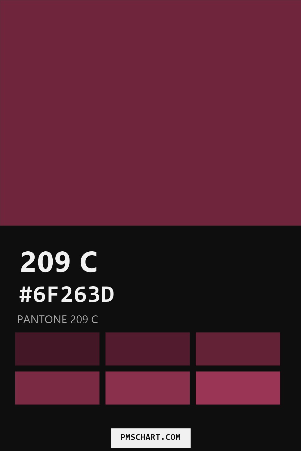 Pantone 209 C color reference card (HEX #6F263D) with six nearest Pantone matches