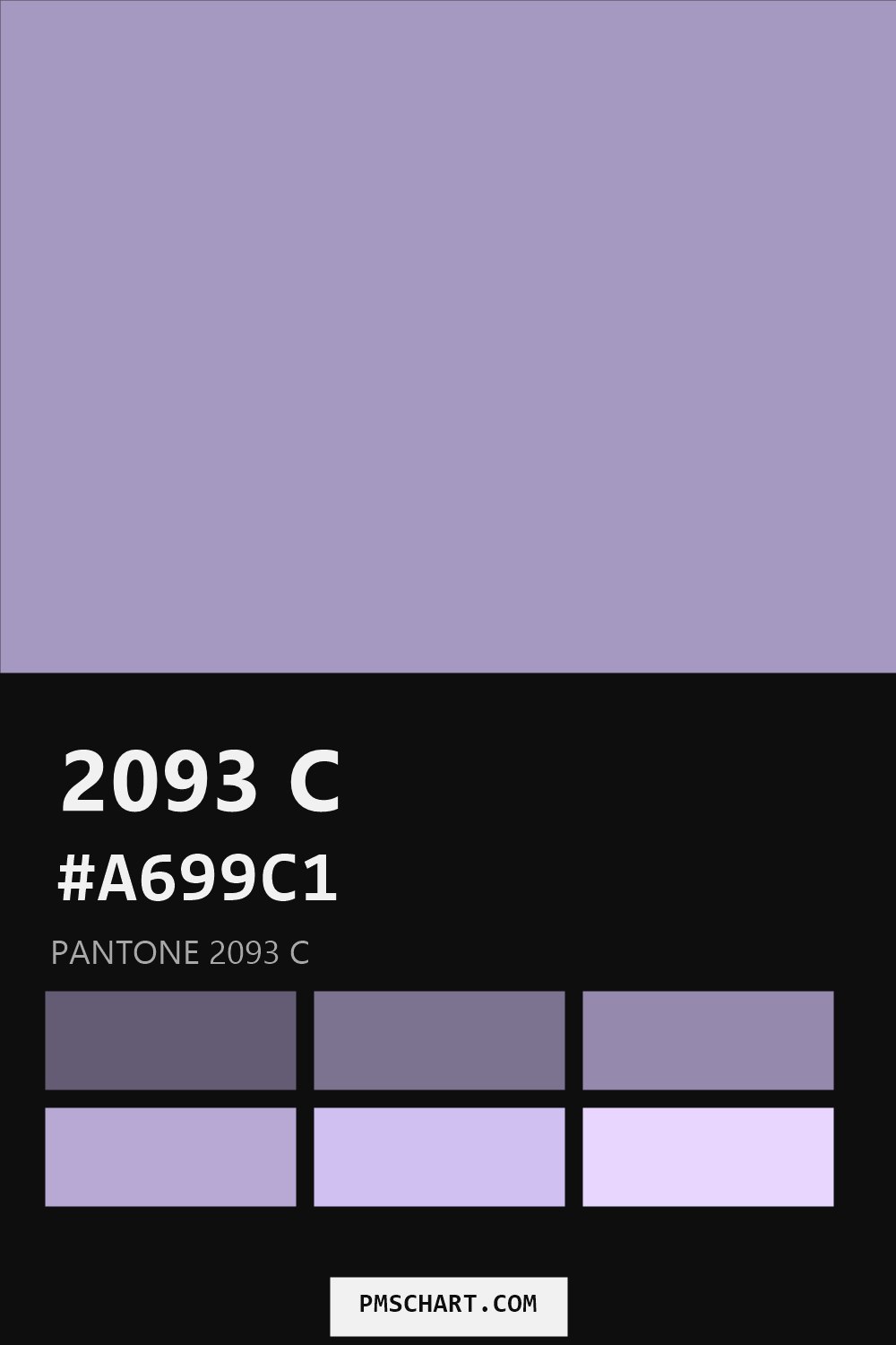 Pantone 2093 C color reference card (HEX #A699C1) with six nearest Pantone matches