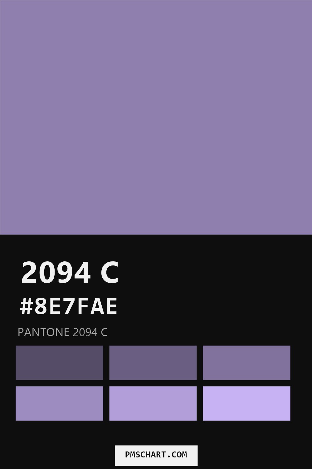 Pantone 2094 C color reference card (HEX #8E7FAE) with six nearest Pantone matches