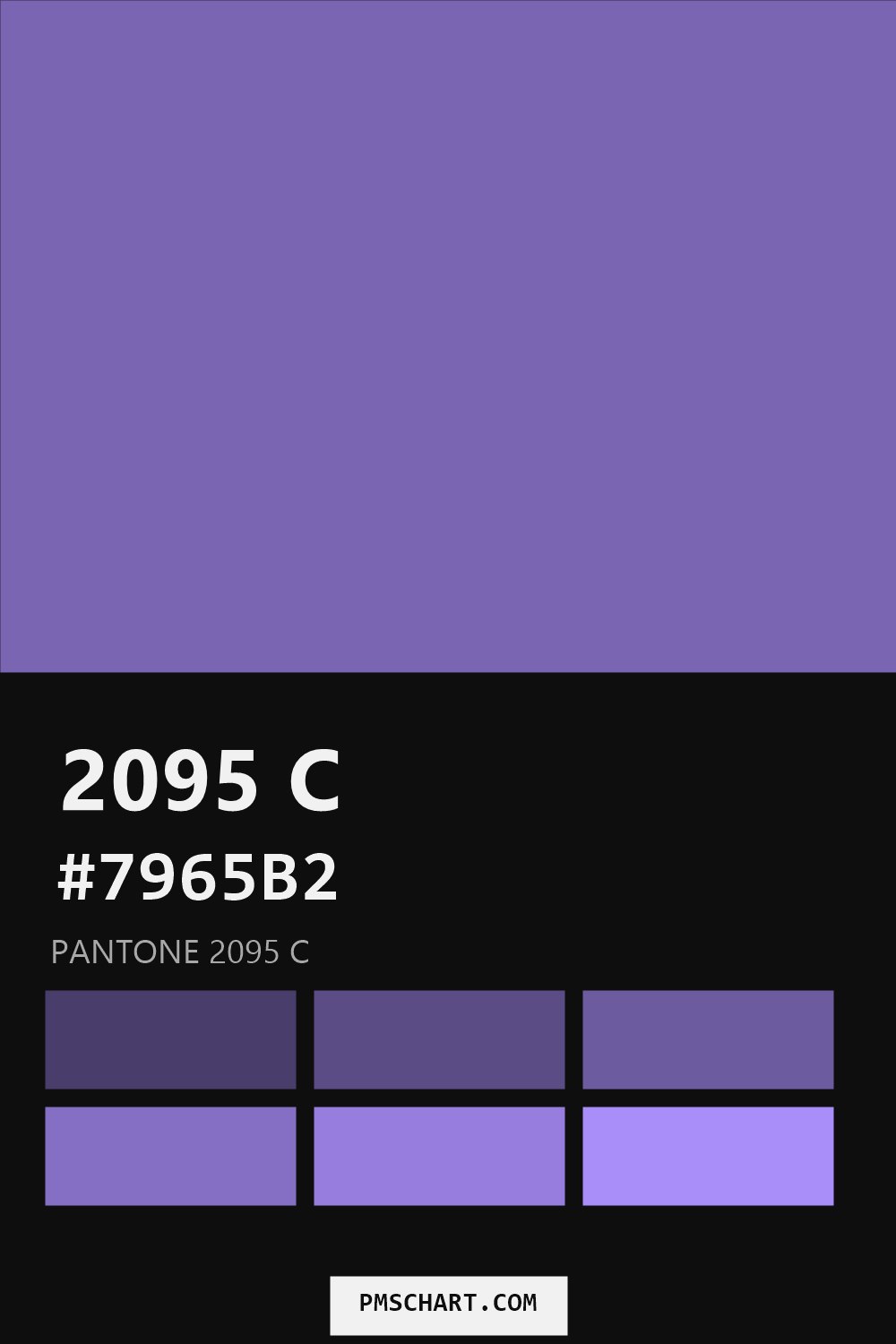 Pantone 2095 C color reference card (HEX #7965B2) with six nearest Pantone matches