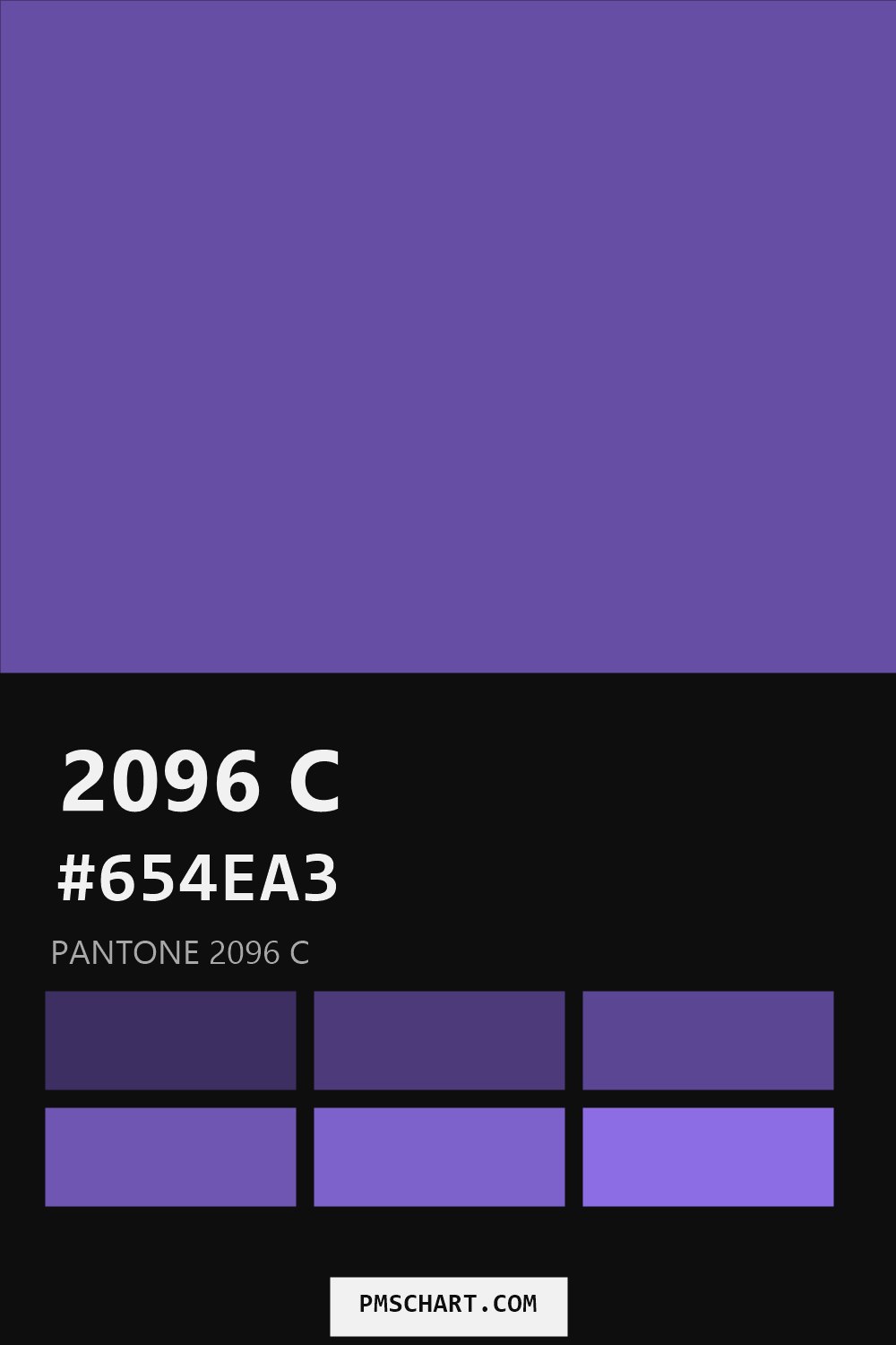 Pantone 2096 C color reference card (HEX #654EA3) with six nearest Pantone matches
