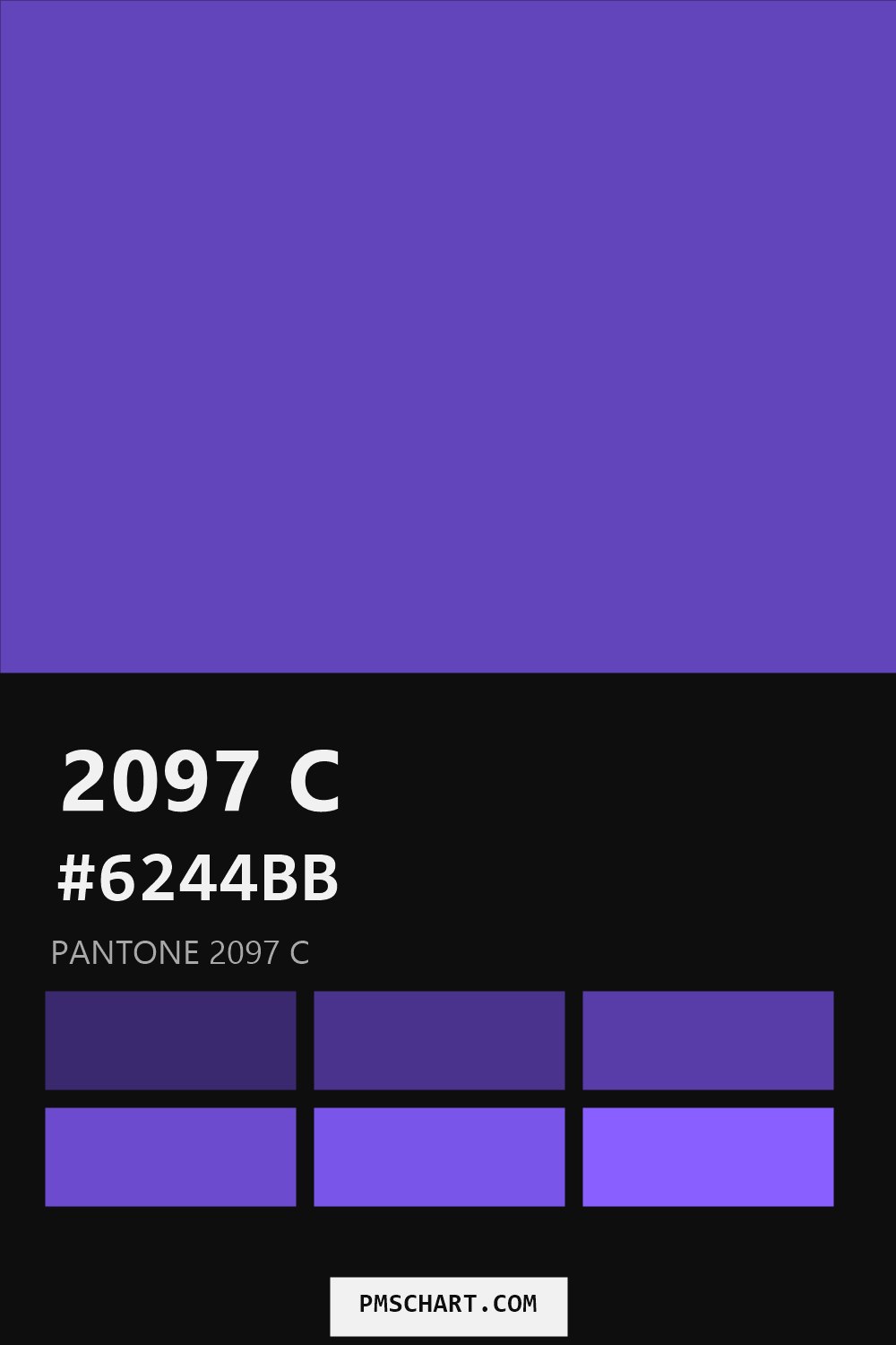 Pantone 2097 C color reference card (HEX #6244BB) with six nearest Pantone matches