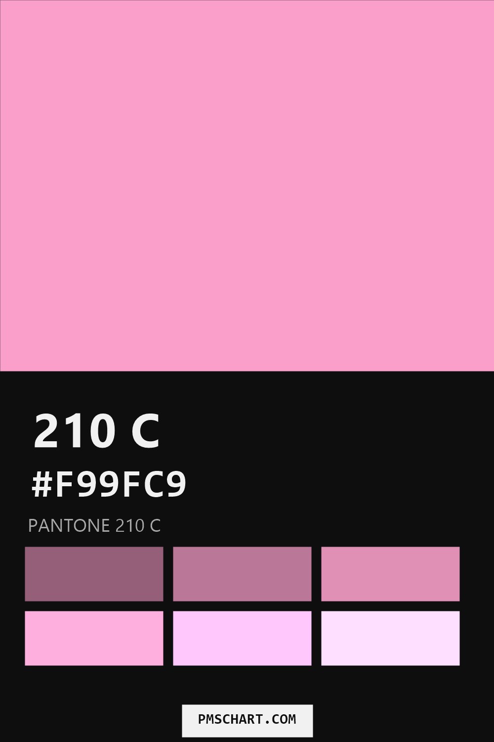 Pantone 210 C color reference card (HEX #F99FC9) with six nearest Pantone matches