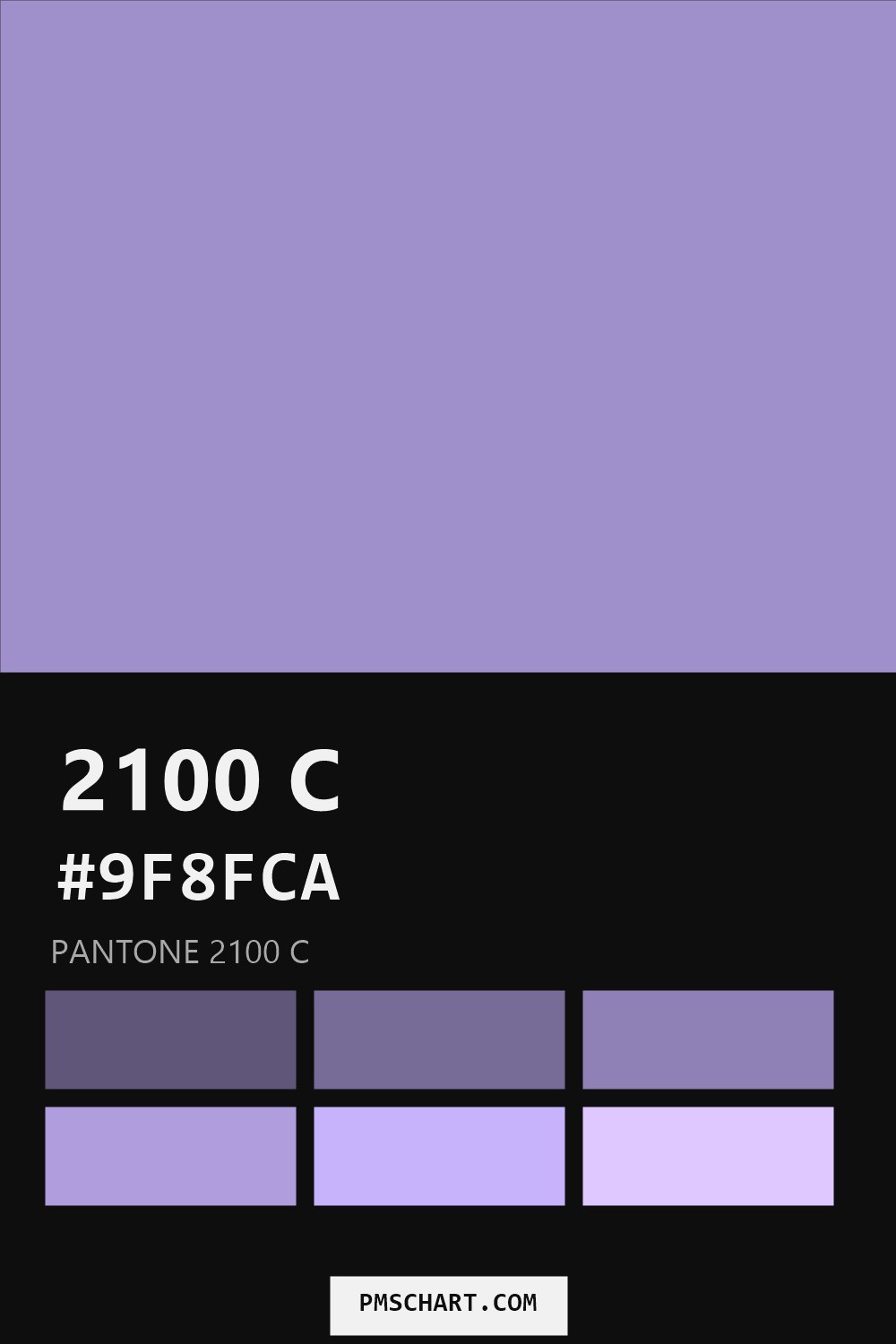 Pantone 2100 C color reference card (HEX #9F8FCA) with six nearest Pantone matches