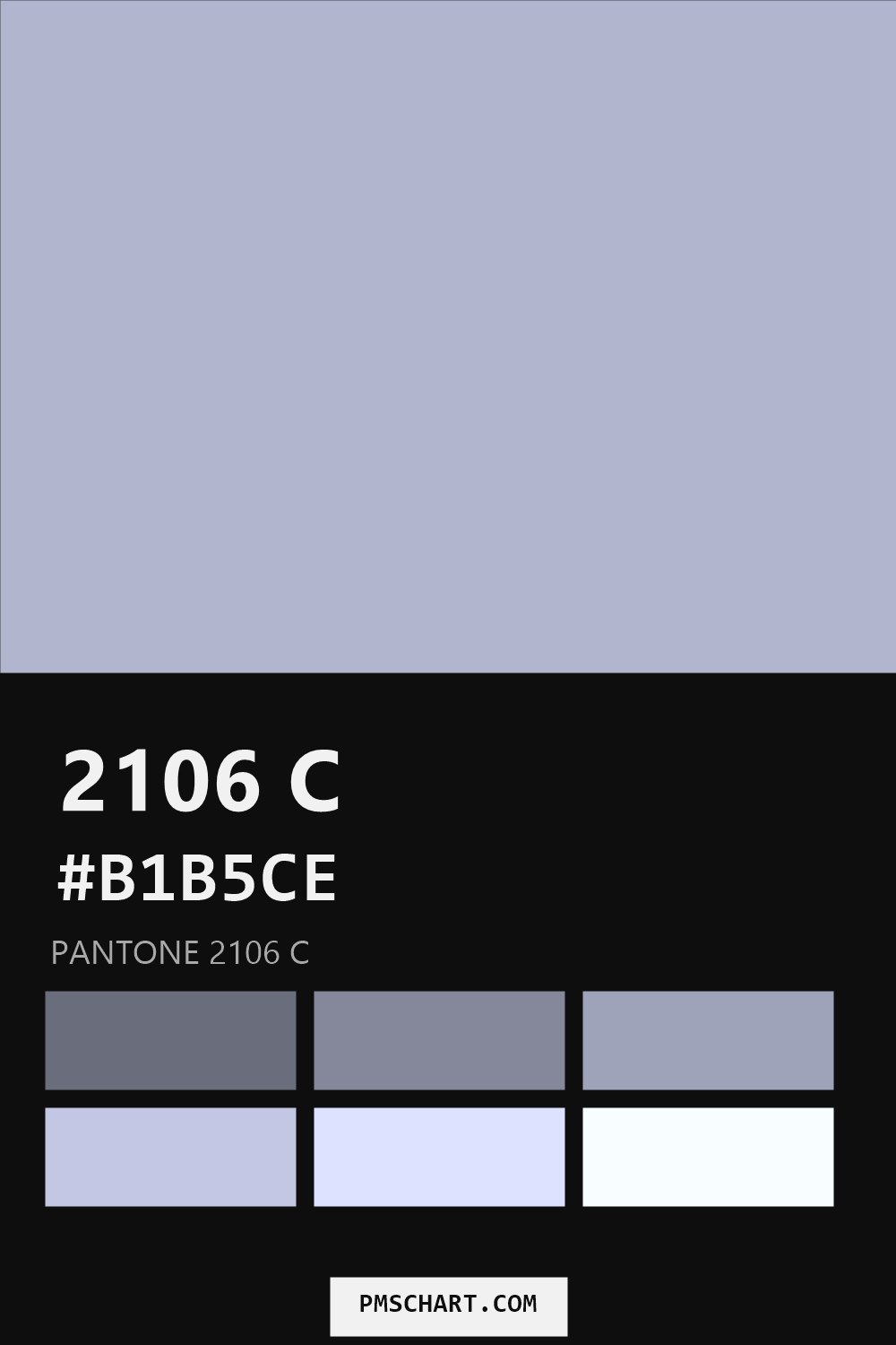 Pantone 2106 C color reference card (HEX #B1B5CE) with six nearest Pantone matches