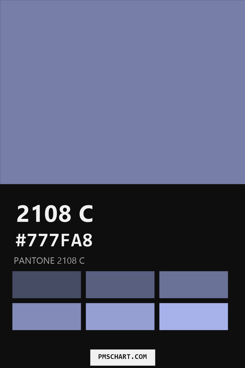 Pantone 2108 C color reference card (HEX #777FA8) with six nearest Pantone matches