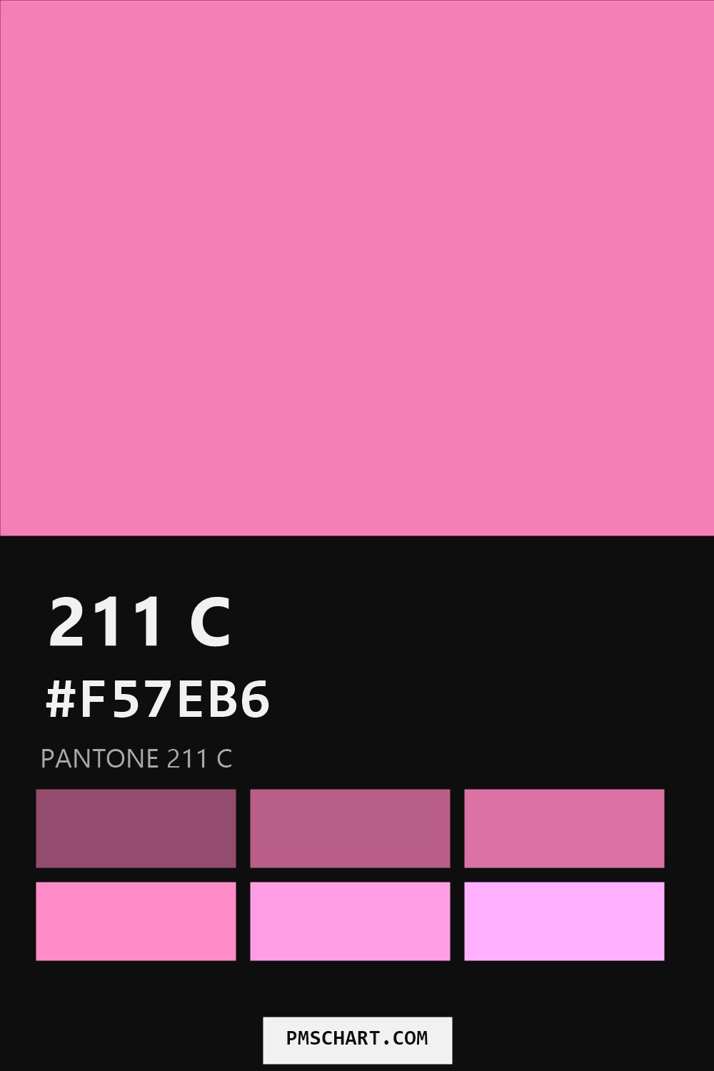 Pantone 211 C color reference card (HEX #F57EB6) with six nearest Pantone matches