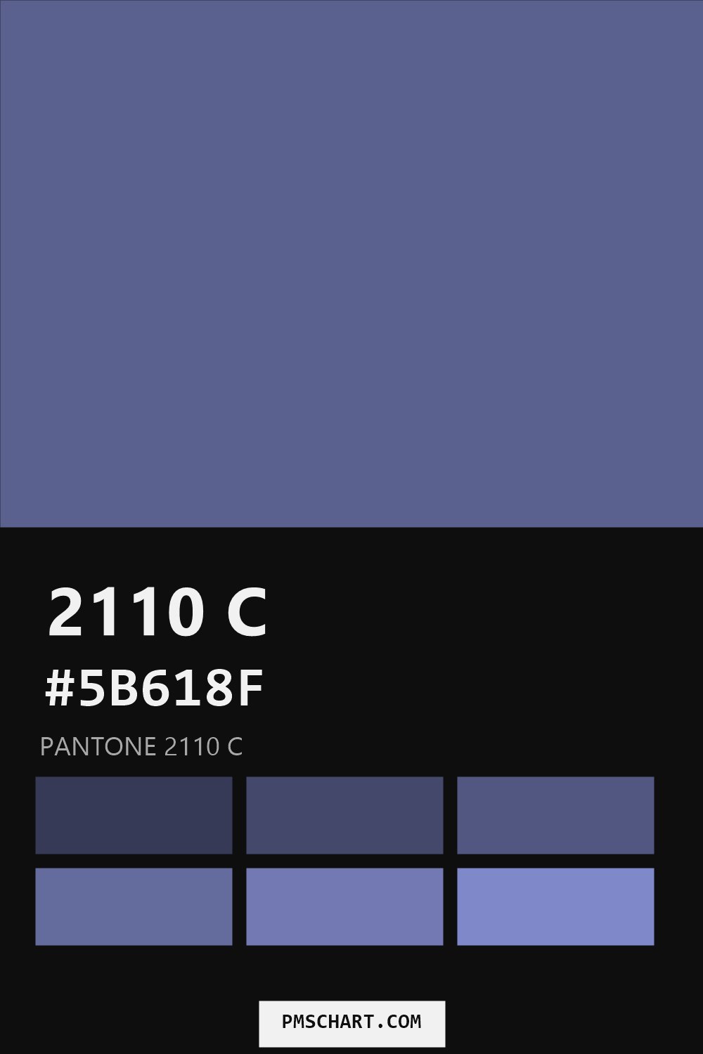 Pantone 2110 C color reference card (HEX #5B618F) with six nearest Pantone matches
