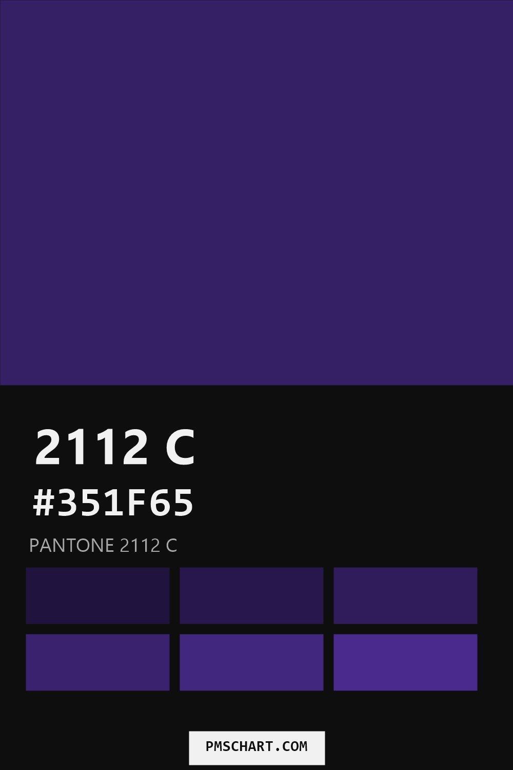 Pantone 2112 C color reference card (HEX #351F65) with six nearest Pantone matches