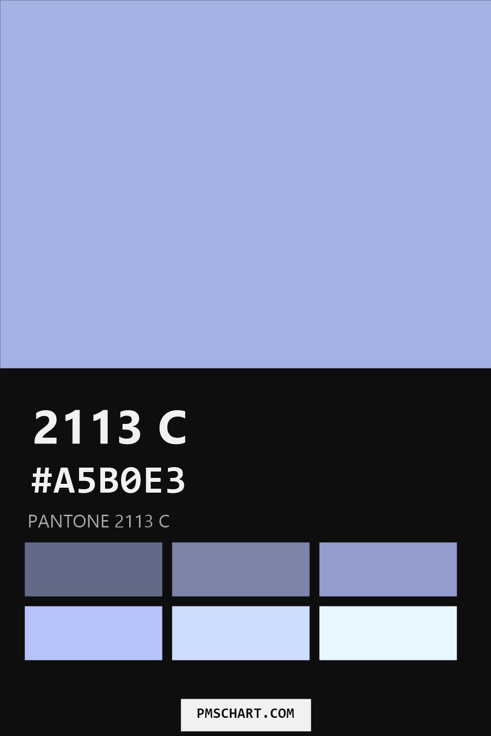 Pantone 2113 C color reference card (HEX #A5B0E3) with six nearest Pantone matches
