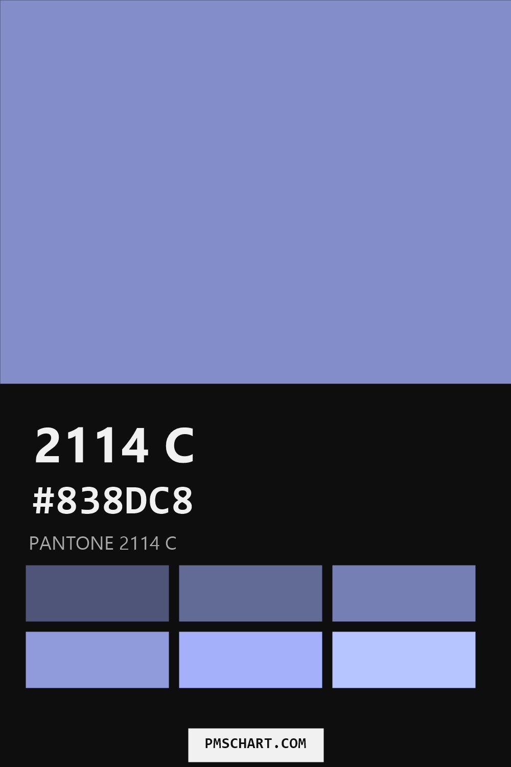 Pantone 2114 C color reference card (HEX #838DC8) with six nearest Pantone matches