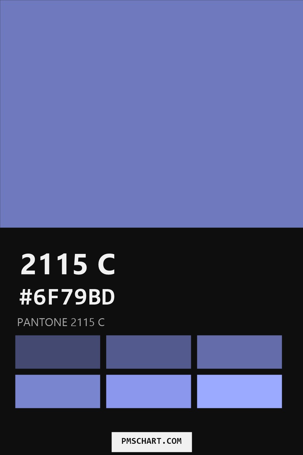 Pantone 2115 C color reference card (HEX #6F79BD) with six nearest Pantone matches