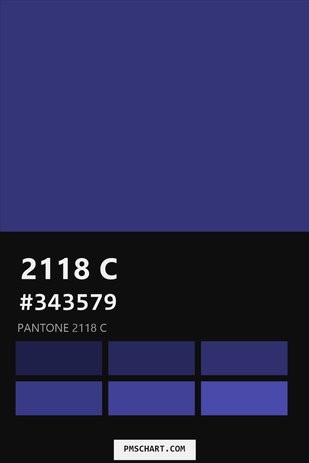 Pantone 2118 C color reference card (HEX #343579) with six nearest Pantone matches
