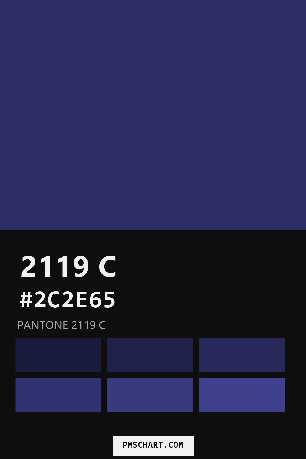 Pantone 2119 C color reference card (HEX #2C2E65) with six nearest Pantone matches