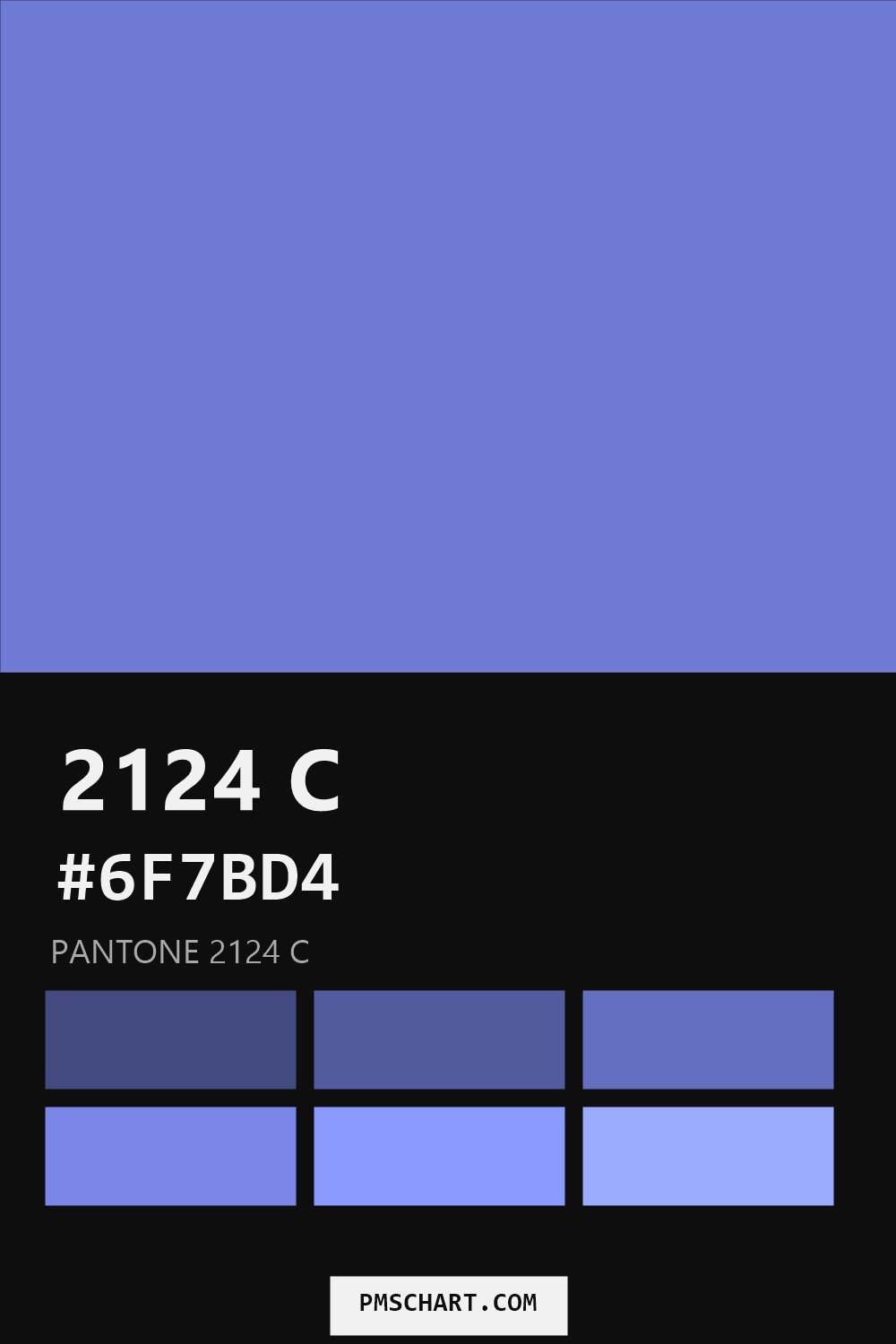 Pantone 2124 C color reference card (HEX #6F7BD4) with six nearest Pantone matches