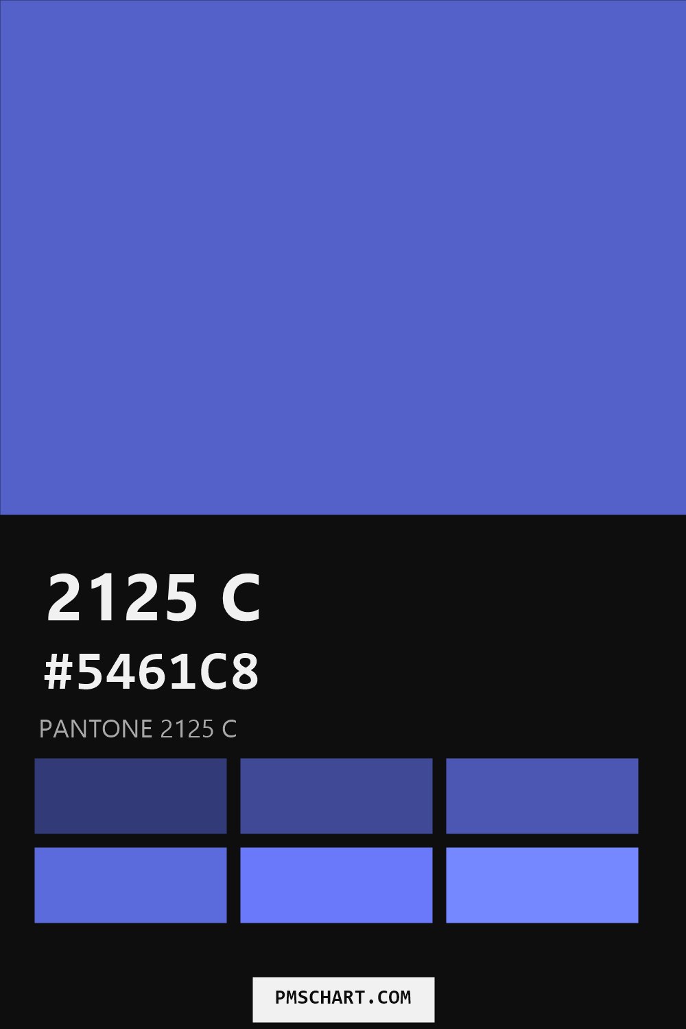 Pantone 2125 C color reference card (HEX #5461C8) with six nearest Pantone matches