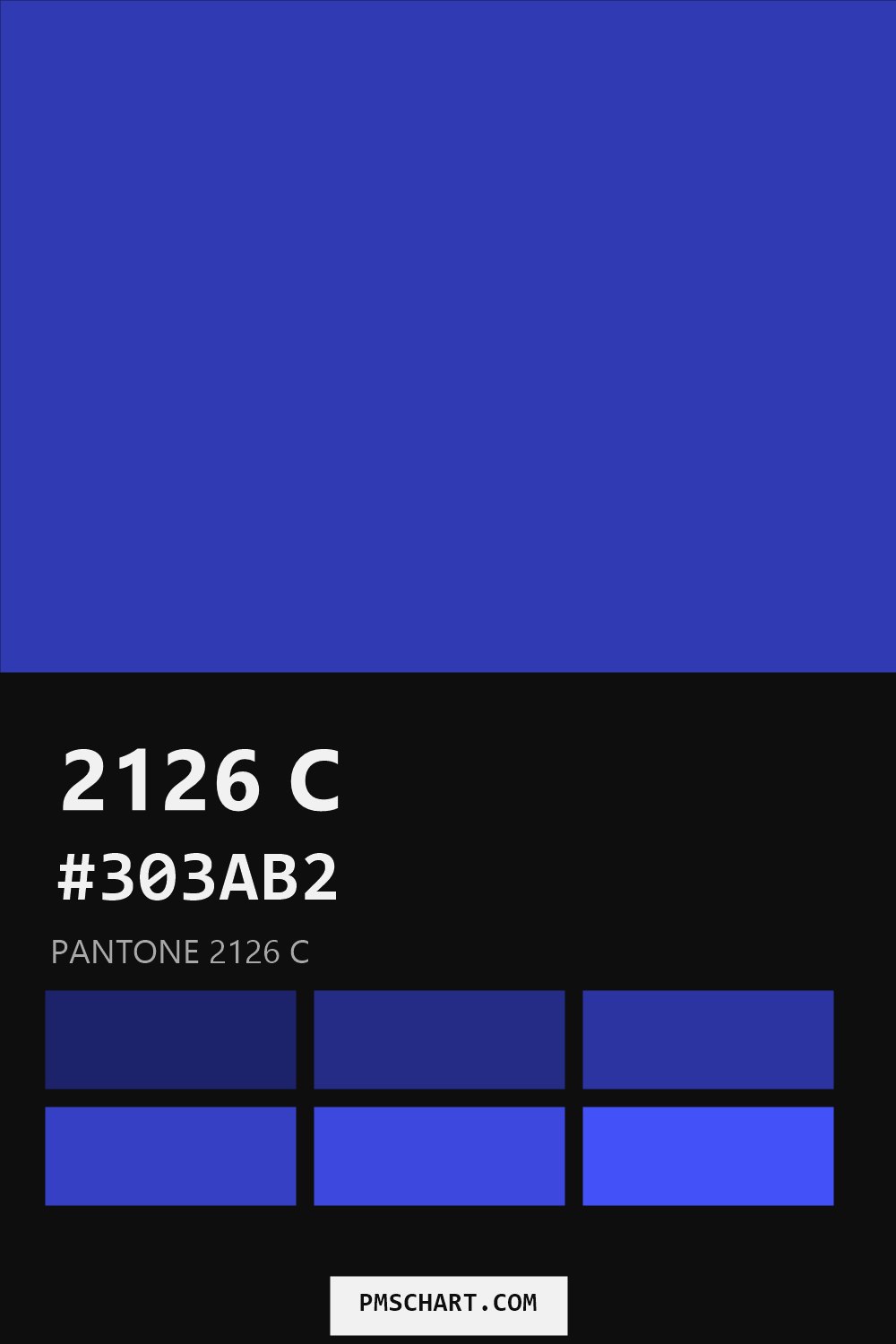Pantone 2126 C color reference card (HEX #303AB2) with six nearest Pantone matches