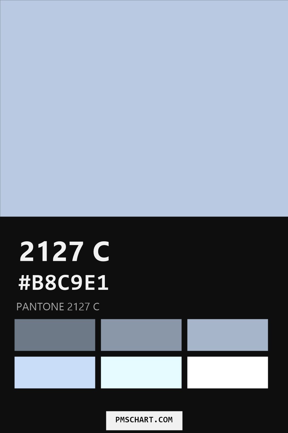 Pantone 2127 C color reference card (HEX #B8C9E1) with six nearest Pantone matches