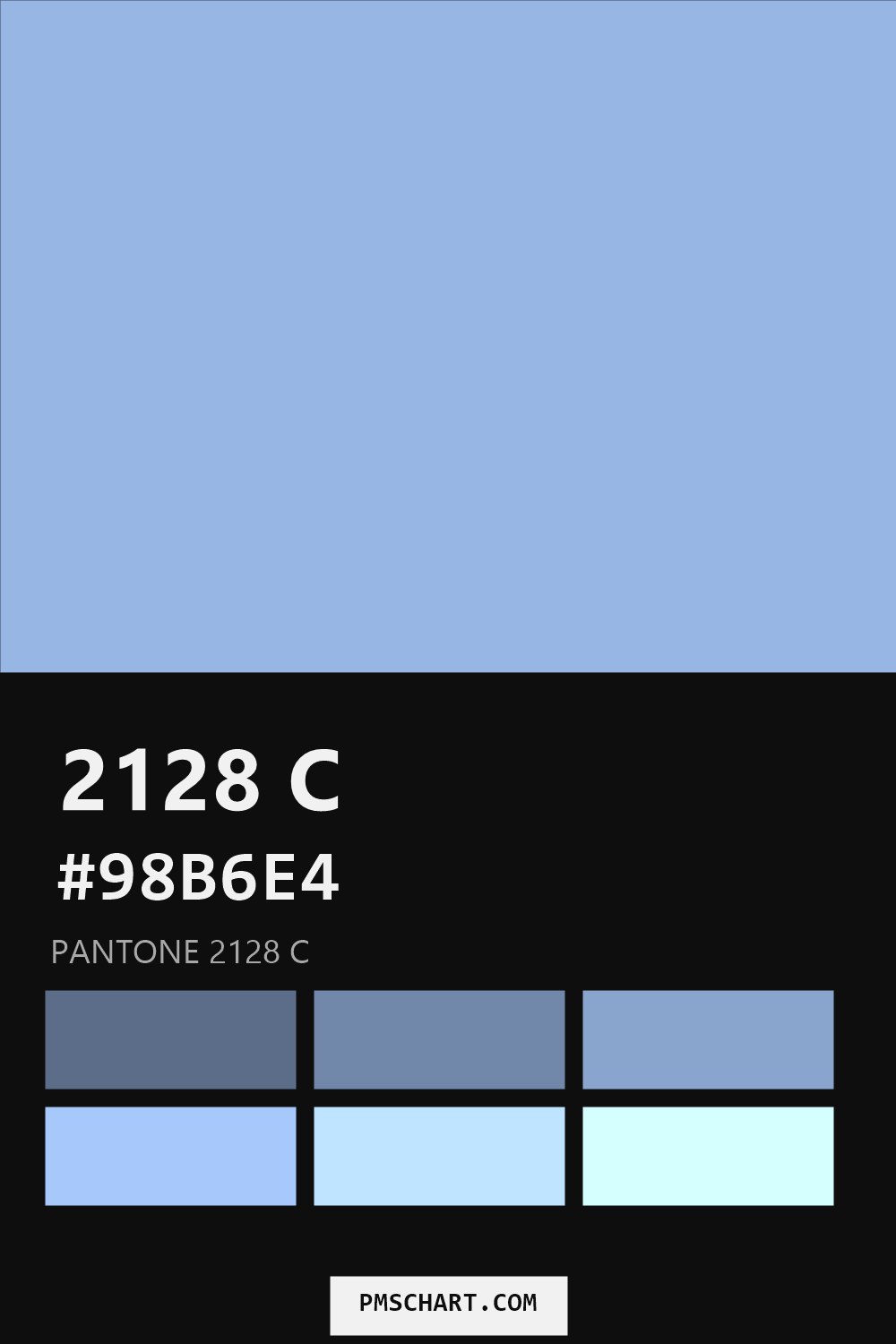 Pantone 2128 C color reference card (HEX #98B6E4) with six nearest Pantone matches