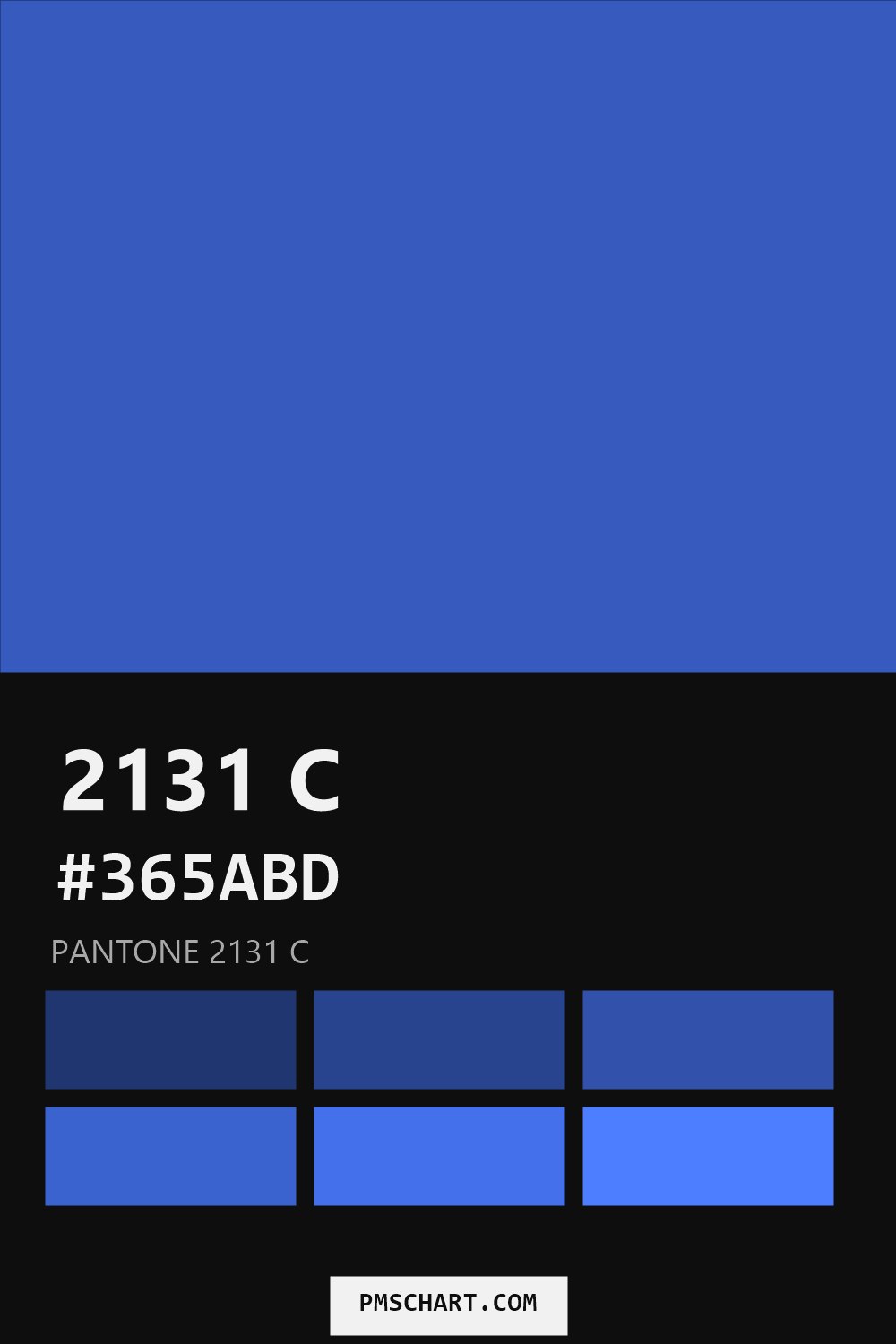 Pantone 2131 C color reference card (HEX #365ABD) with six nearest Pantone matches