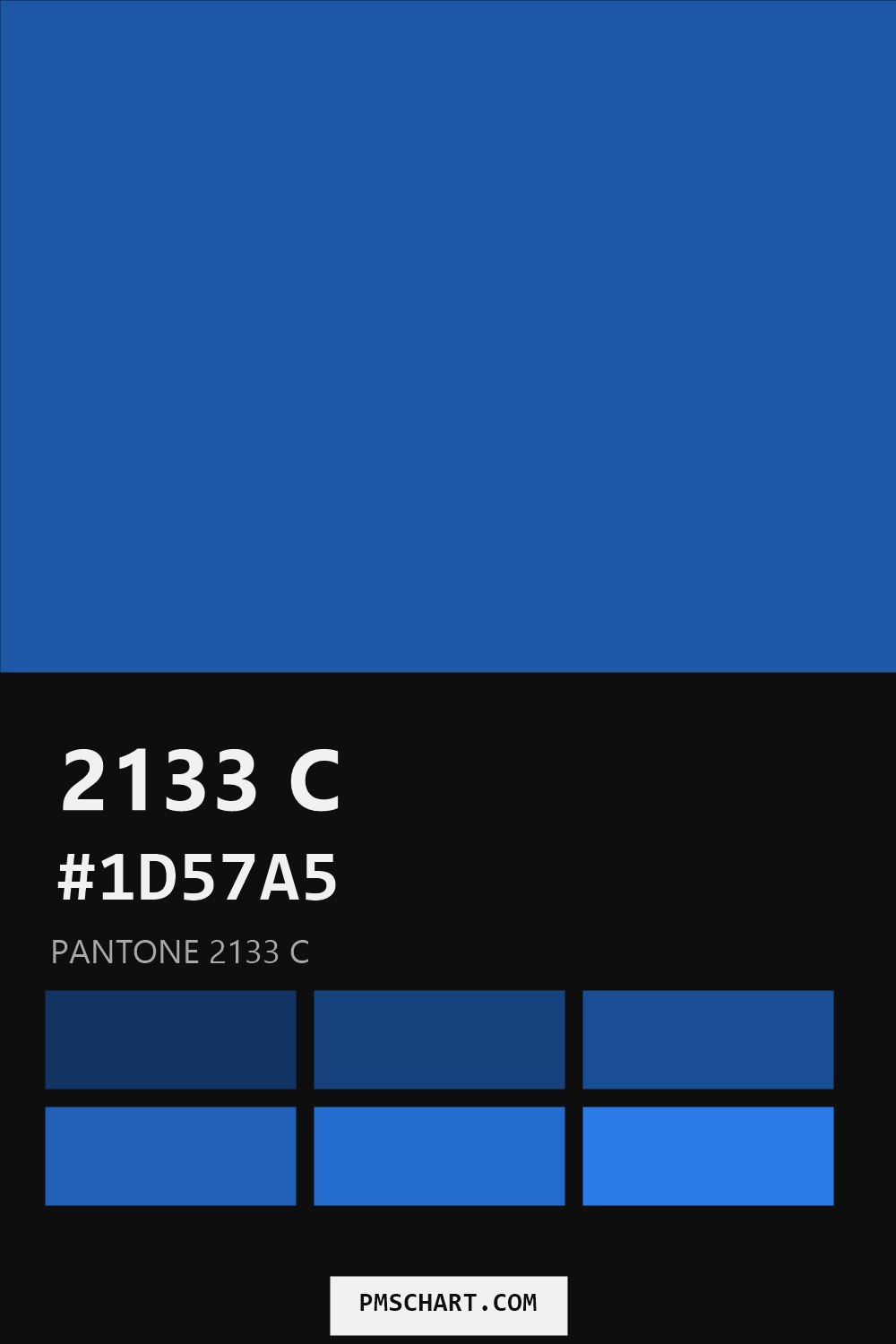 Pantone 2133 C color reference card (HEX #1D57A5) with six nearest Pantone matches