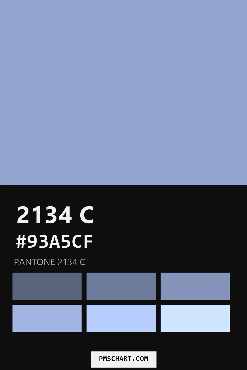 Pantone 2134 C color reference card (HEX #93A5CF) with six nearest Pantone matches