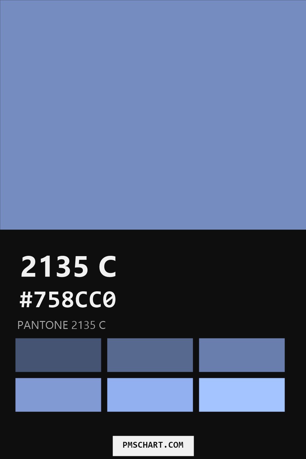 Pantone 2135 C color reference card (HEX #758CC0) with six nearest Pantone matches