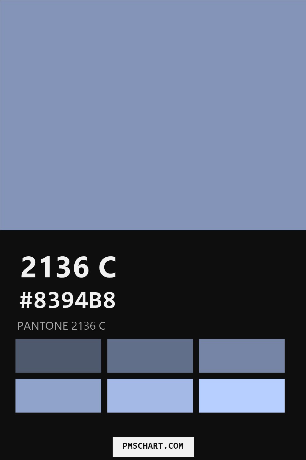 Pantone 2136 C color reference card (HEX #8394B8) with six nearest Pantone matches