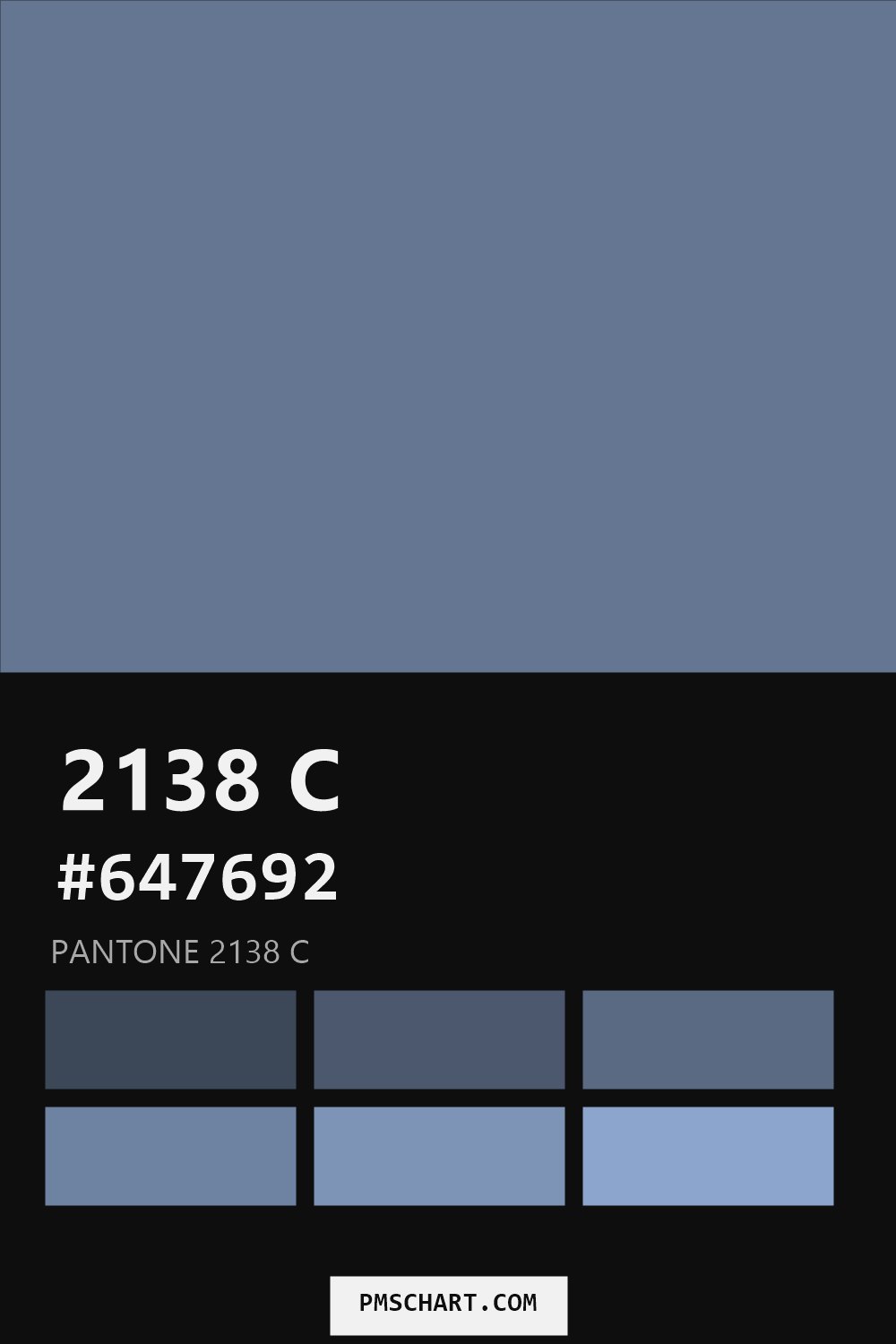 Pantone 2138 C color reference card (HEX #647692) with six nearest Pantone matches