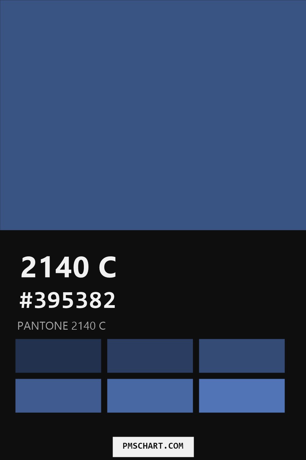 Pantone 2140 C color reference card (HEX #395382) with six nearest Pantone matches