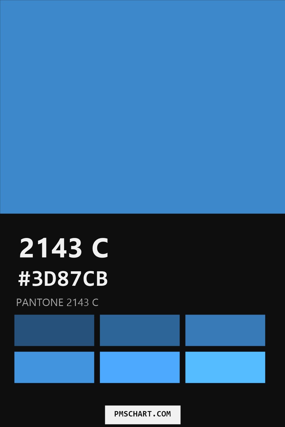 Pantone 2143 C color reference card (HEX #3D87CB) with six nearest Pantone matches