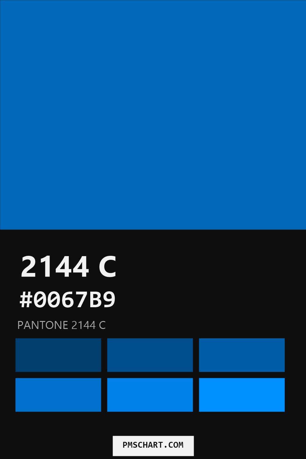 Pantone 2144 C color reference card (HEX #0067B9) with six nearest Pantone matches