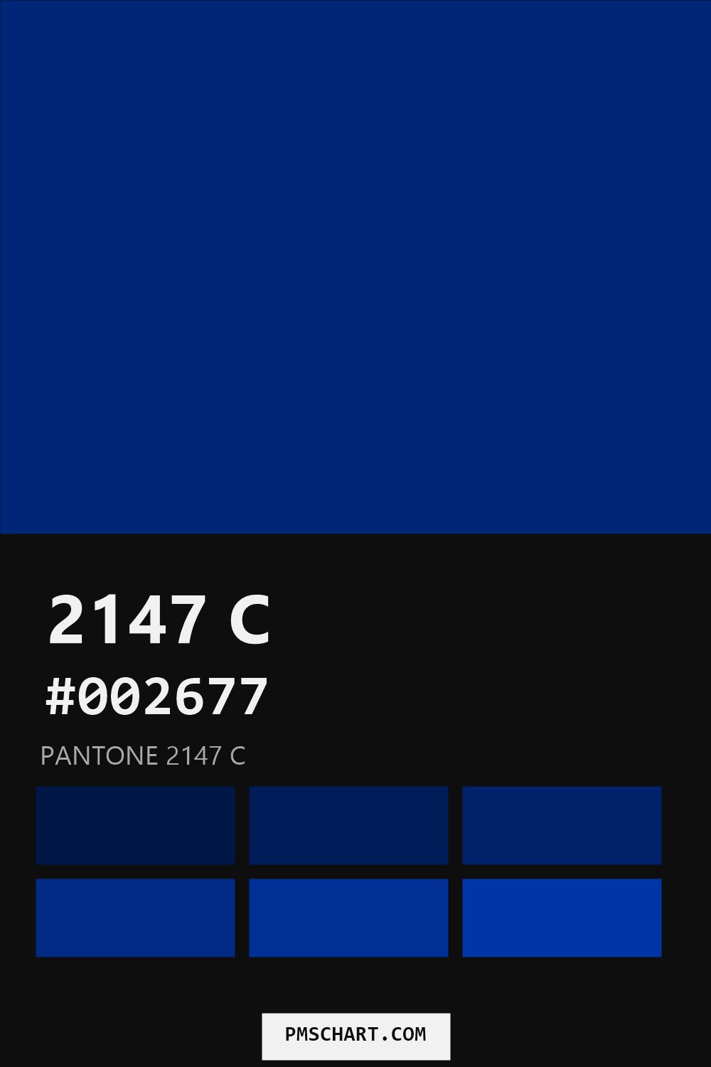 Pantone 2147 C color reference card (HEX #002677) with six nearest Pantone matches