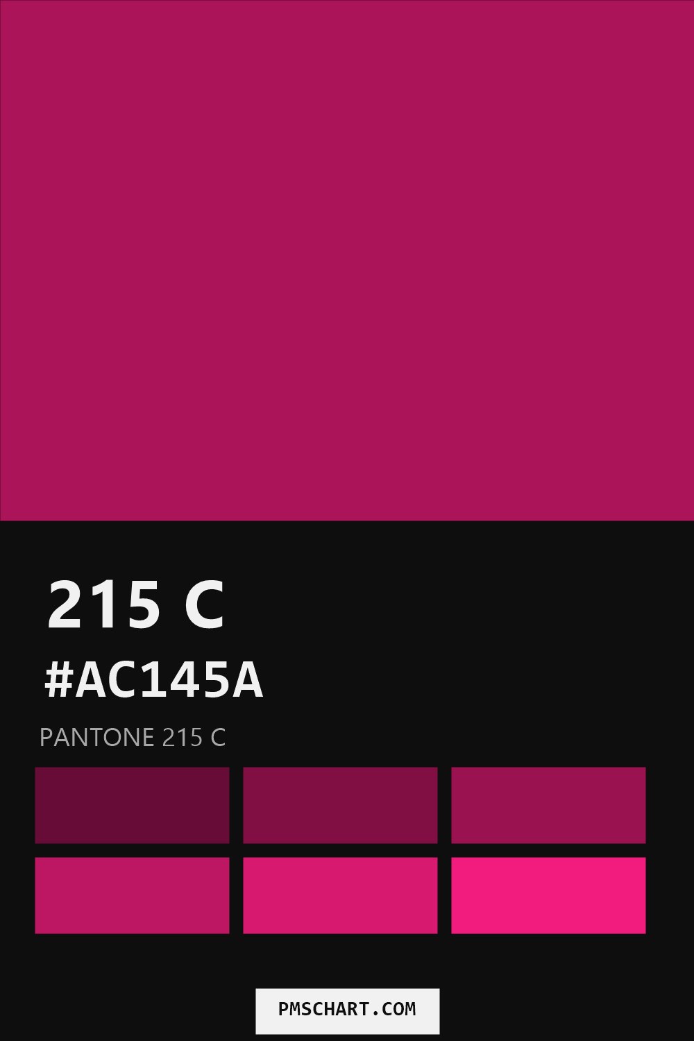 Pantone 215 C color reference card (HEX #AC145A) with six nearest Pantone matches