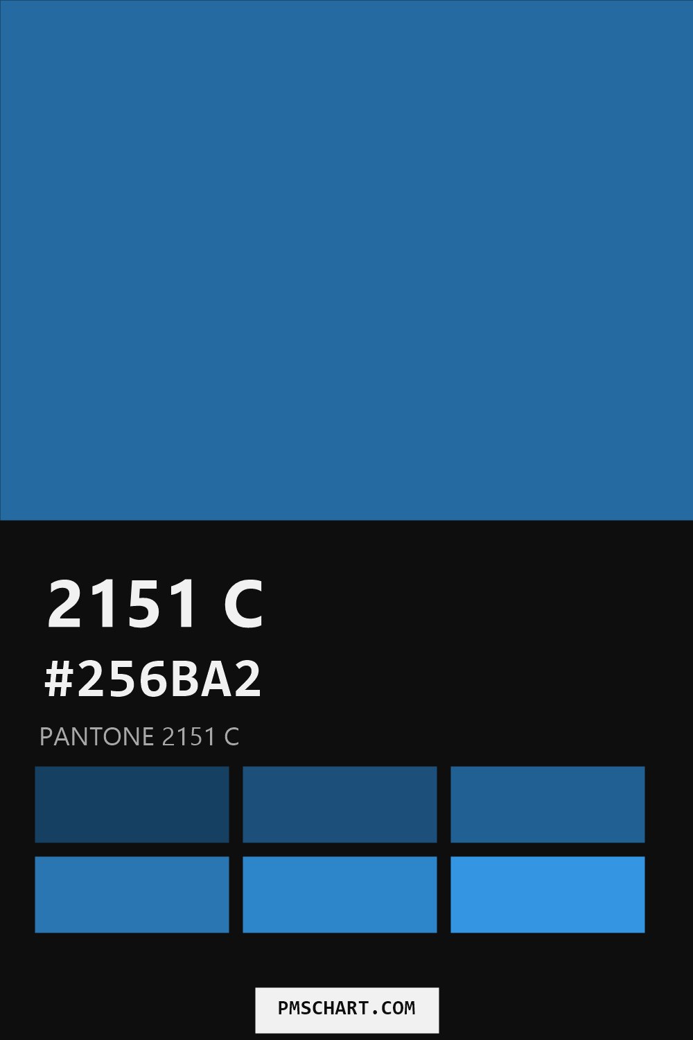 Pantone 2151 C color reference card (HEX #256BA2) with six nearest Pantone matches