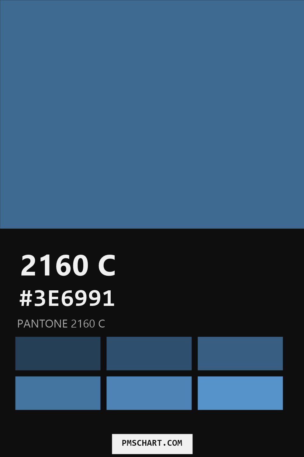 Pantone 2160 C color reference card (HEX #3E6991) with six nearest Pantone matches