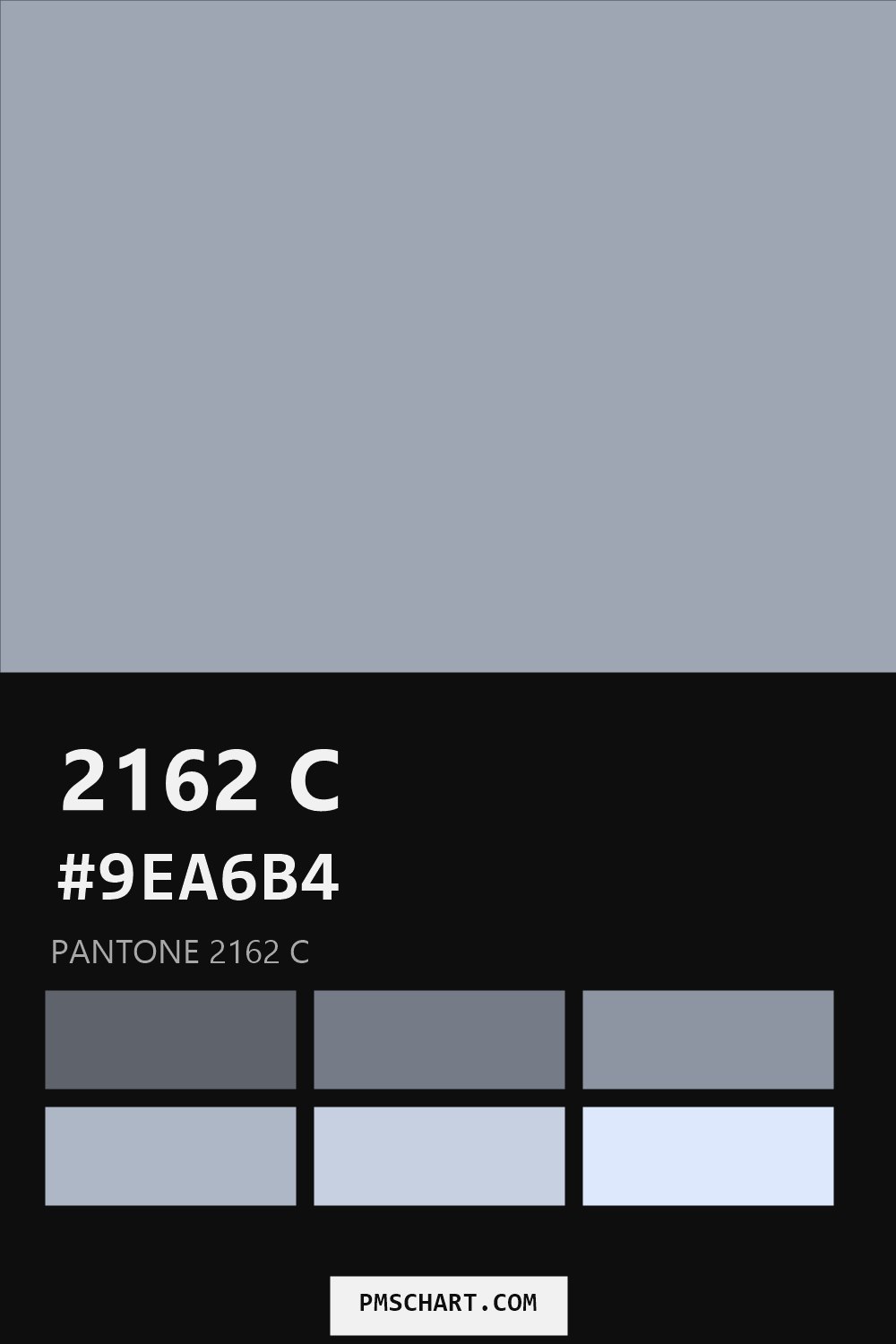 Pantone 2162 C color reference card (HEX #9EA6B4) with six nearest Pantone matches