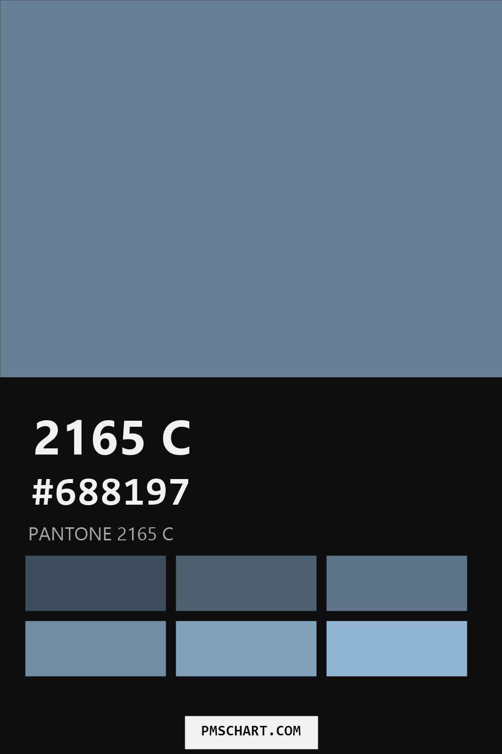 Pantone 2165 C color reference card (HEX #688197) with six nearest Pantone matches