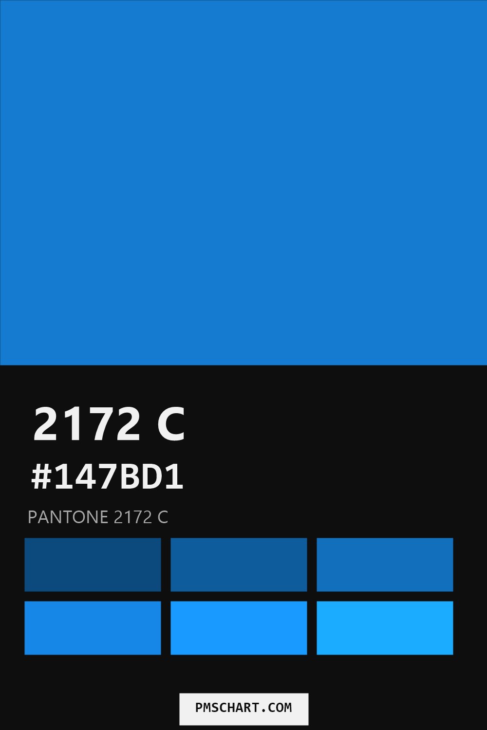 Pantone 2172 C color reference card (HEX #147BD1) with six nearest Pantone matches