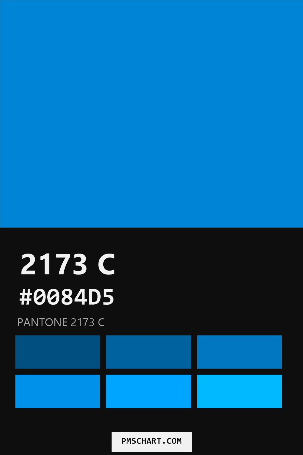 Pantone 2173 C color reference card (HEX #0084D5) with six nearest Pantone matches